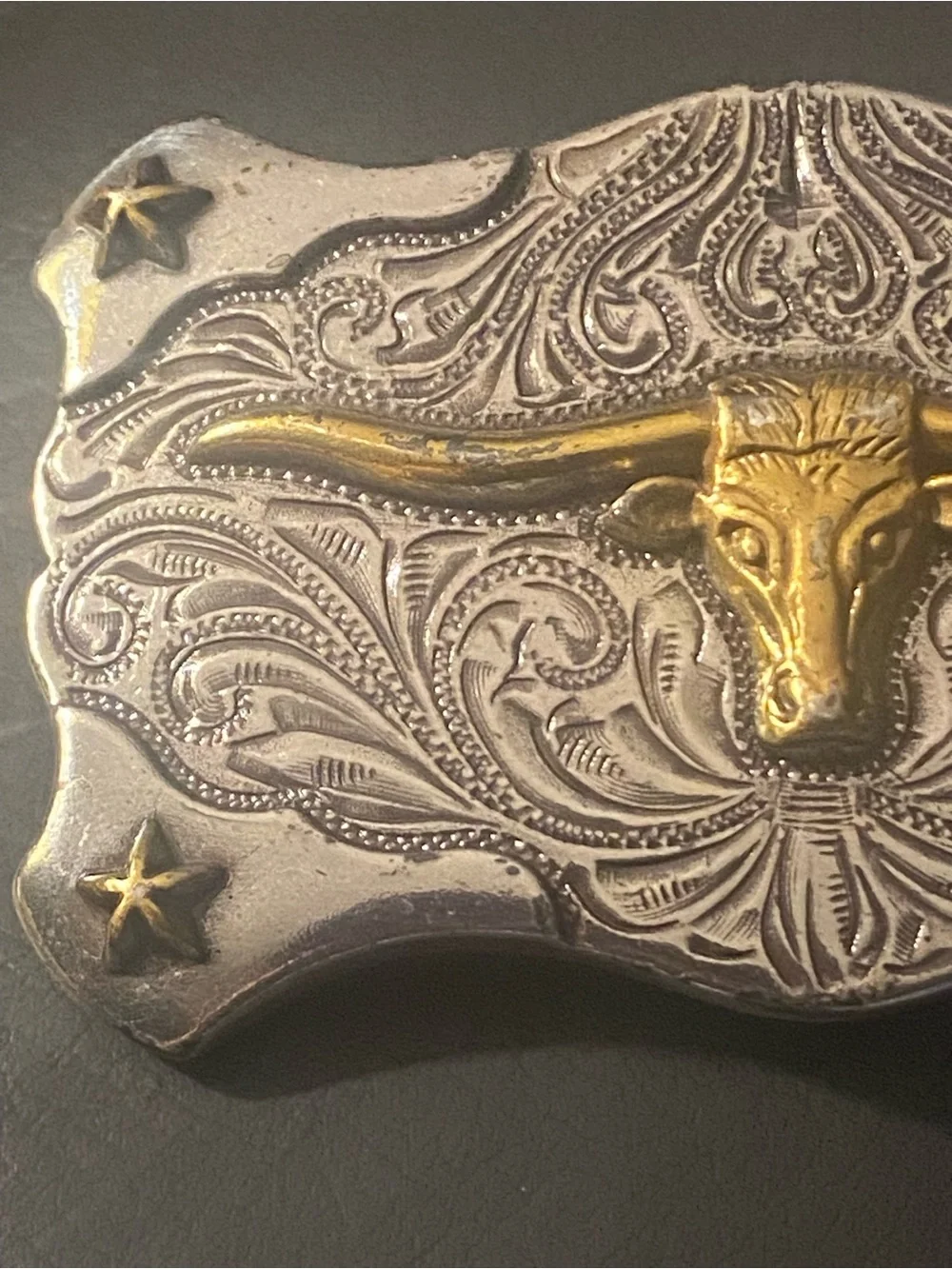 Vintage Western Style Longhorn Steer Belt Buckle Two-Tone Silver & Gold Draign